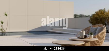 Exterior design of a modern outdoor lounge on the rooftop with a cosy wicker armchair, a coffee table, and a swimming pool in the back. 3d render, 3d Stock Photo