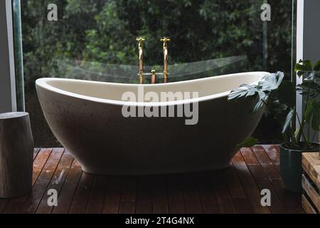 Modern bath by huge window with view on trees in sunny bathroom Stock Photo
