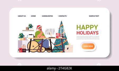 disabled man article editor wearing santa claus festive hat sitting in wheelchair guy working on computer people with disabilities Stock Vector