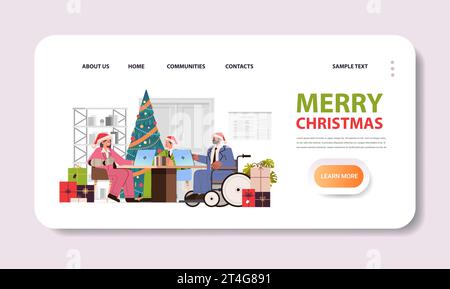 disabled man in wheelchair and woman with replaced robotic arm wearing santa claus hats working on laptops people with disabilities merry christmas Stock Vector