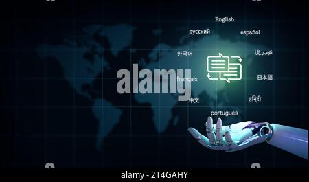 Ai Robot Hand holding speech bubble with arrows and text in many important languages. World map background. Translator and languages education with ai. Stock Photo