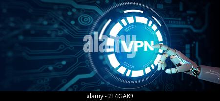 Ai Robot hand pointing to VPN network security internet privacy encryption with Artificial Intelligence Technology. Abstract Background. Business. Stock Photo