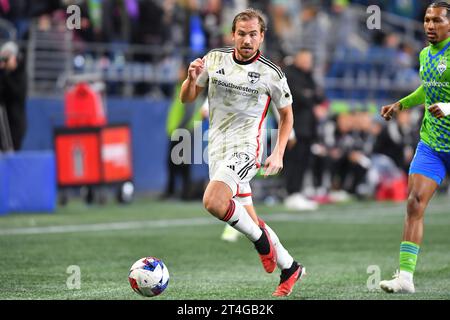 Seattle, WA, USA. 30th Oct, 2023. FC Dallas midfielder Paxton Pomykal (19) during the MLS playoff soccer match between FC Dallas and Seattle Sounders FC at Lumen Field in Seattle, WA. Seattle defeated Dallas 2-0. Steve Faber/CSM/Alamy Live News Stock Photo