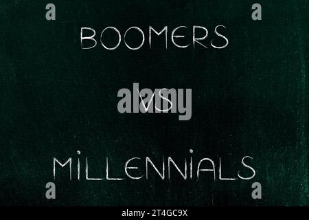 generations in society, illustration with text Boomers vs Millennials Stock Photo