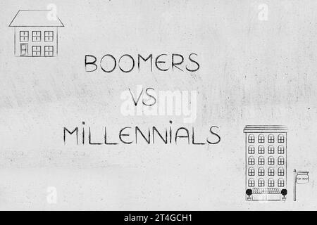 generations in society, boomers vs millennial text with property icons of big house vs apartments to rent Stock Photo