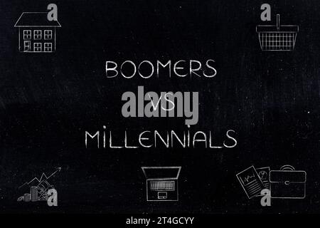 generations in society, boomers vs millennial text with cost of living and emplyoment related icons Stock Photo
