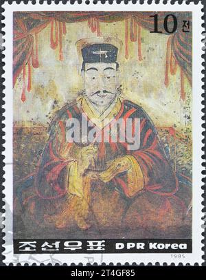 Cancelled postage stamp printed by North Korea, that shows painting Hero,  Paintings of Koguryo Era, circa 1985. Stock Photo