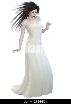 Gothic ghost woman with long black hair wears white gown, 3D ...
