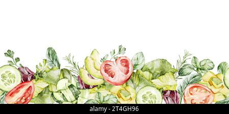 Seamless border pattern of watercolor avocado, tomatoes, cucumbers, lettuce, greens for salad. Healthy food concepts. For healthy lifestyle, diet menu Stock Photo