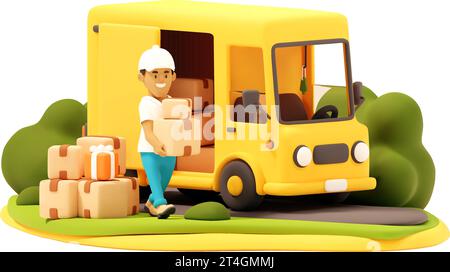 Vector Warehouse Worker or Courier Loading Yellow Van with Cardboard Boxes and Gift Box. Cartoon Illustration for Shopping Delivery and Mail Service Stock Vector