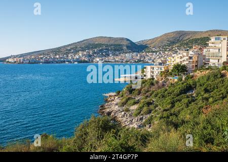 Beautiful landscape of Saranda. Albania. Panorama of the city. Promenade. City Port. City beach. The Ionian Sea. Albanian Riviera. Traveling concept b Stock Photo