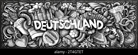 Vector illustration with Deutschland theme doodles. Monochrome banner design, capturing the essence of Germany culture and traditions through playful Stock Vector