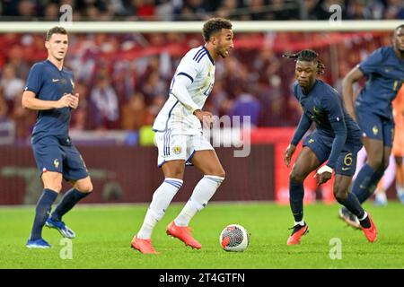 Jacob Brown (18) of Scotland and Eduardo Camavinga (6) of France pictured during a soccer game between the national teams of France and Scotland in friendly game, on October 17 , 2023 in Lille, France. (Photo by David Catry / Sportpix) Stock Photo