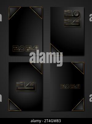 set black cards 2024 New Year gold texture, golden luxury dark modern background, elements for calendar and greetings card or Christmas themed winter Stock Vector