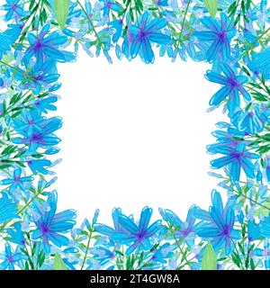 Hand drawn watercolor abstract blue daisy and hyacinth flowers frame border isolated on white background. Can be used for cards, album, poster and oth Stock Photo