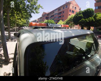 Tow truck parked on the street. Overhead view Stock Photo