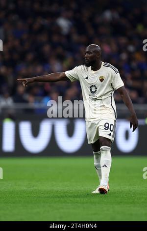 Romelu Lukaku of As Roma gestures during the Serie A match beetween Fc Internazionale and As Roma at Stadio Giuseppe Meazza on October 29, 2023 in Milan  Italy . Stock Photo