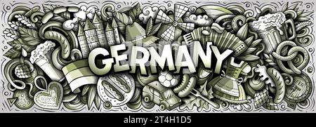 Vector illustration with Germany theme doodles. Monochrome banner design, capturing the essence of German culture and traditions through playful carto Stock Vector