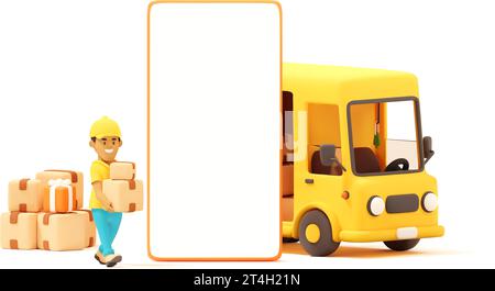 Vector Warehouse Worker or Courier Loading Yellow Van with Cardboard Boxes and Gift Box. Big empty smartphone screen. Illustration Shopping Delivery Stock Vector