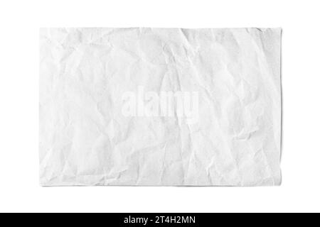 White crumpled rectangle sheet of paper with smooth edge isolated on white background. Recycled craft paper wrinkled, creased texture, grunge border. Stock Photo