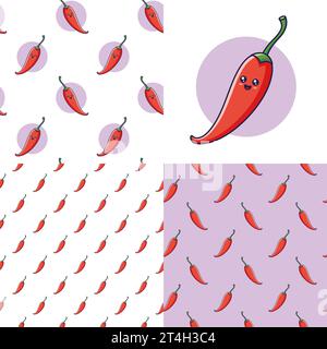 Set of Cute Kawaii Red Pepper, Chili patterns. Food vegetable flat icon. Cartoon Red Bell pepper seamless patterns. Vector hand drawn illustration. Pa Stock Vector