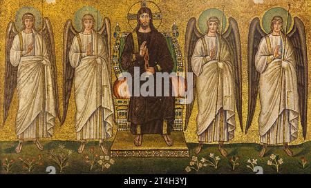 Mosaic of Christ and the Angels in Sant'Apollinare Nuovo in Ravenna, Emilia-Romagna, Italy. Stock Photo