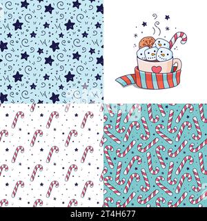 Hand drawn Christmas drink and candy cane patterns set is doodle style for designing baby clothes. Prints with candy cane seamless pattern. Vector ill Stock Vector