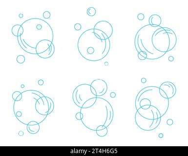 Set of flat blue line bubbles. Soap foam, carbonated drink, oxygen bubble pictogram, vector illustration. Stock Vector