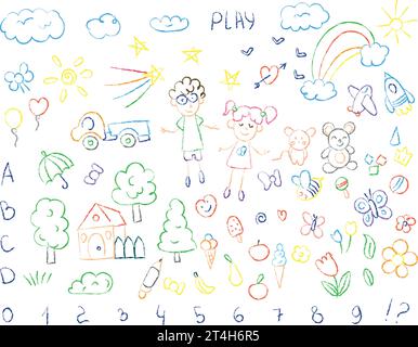 Set of children's scribbles, doodles with colored pencils. Children's drawings of flowers, plants, toys, numbers, objects, rainbows. Vector drawn with Stock Vector