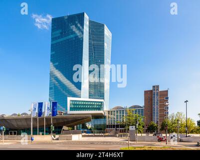 Seat of the European Central Bank (ECB) in Frankfurt, Germany, comprising the Skytower building and the renovated former Wholesale Market Hall. Stock Photo