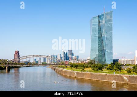 The Skytower building in Frankfurt, Germany, seat of the European Central Bank (ECB), on the Main river with the skyscrapers of the financial district Stock Photo