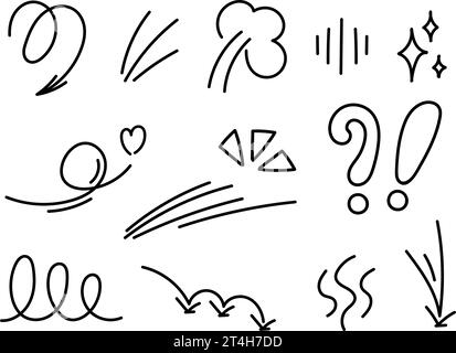 Set of line motion elements, emotional effect design icon. Hand drawn doodle line element arrow, accent, wind, shine. Vector illustration. Stock Vector
