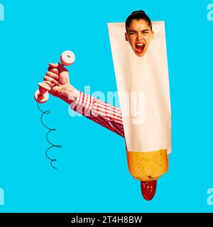 Female shouting head on hot dog with male hand holding retro phone. Street food. Contemporary art collage. Poster. Food concept Stock Photo