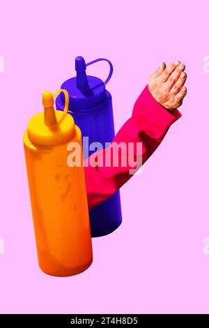 Female hand picking out two bottles with sauces. Mustard, ketchup, mayonnaise on pink background. Contemporary art collage. Poster. Food Stock Photo