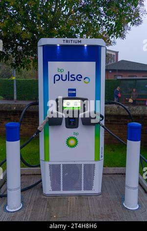 EV, charger installation, BP pulse, charging points, plug into fast, rapid, ultra-fast chargers, convenient, plug in, charging speeds, fleet charging. Stock Photo