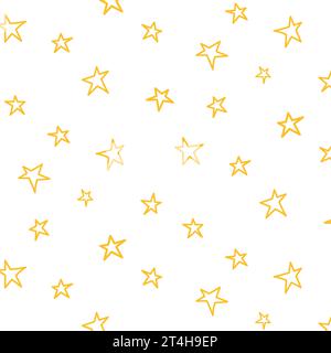 Starry seamless pattern. yellow stars outline on a transparent background, . chaotic elements. Texture of abstract geometric shape. Design template fo Stock Vector