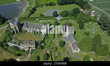 Aerial drone view of the fortified manor house known as Stokesay Castle, Shropshire, UK. June 2023 Stock Photo