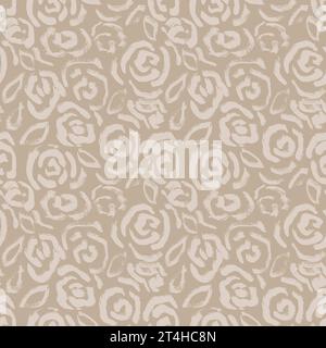 Grunge Distressed Ink Roses Beige Pattern. Stock Vector