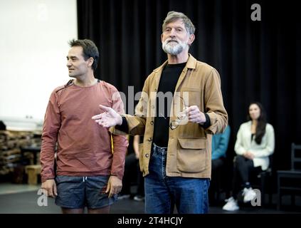 AMSTERDAM - Former De Dijk frontman Huub van der Lubbe and Dragan Bakema (L) during the rehearsal for the musical De man van La Mancha, which is based on the novel The ingenious nobleman Don Quixote of La Mancha from the 17th century. Van der Lubbe makes his musical debut in the role of Don Quixote. ANP KOEN VAN WEEL netherlands out - belgium out Stock Photo