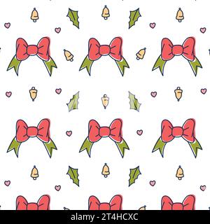 holiday pattern, festive bows for winter holidays, seamless pattern on a transparent background, bells, leaves Stock Vector