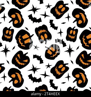 vector illustration of seamless pattern of pumpkins and bats and stars on white background, flat style, Halloween holiday, gift wrapping paper Stock Vector
