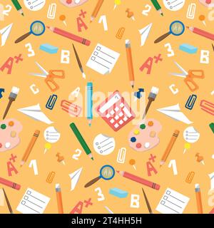 back to school, flat illustration for tetratei on orange background, seamless pattern for packaging, vector decanter, school items, drawing items for Stock Vector