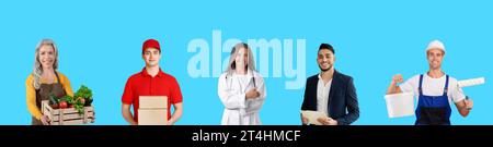 Composite Image With People Of Different Professions Portraits Over Blue Background Stock Photo