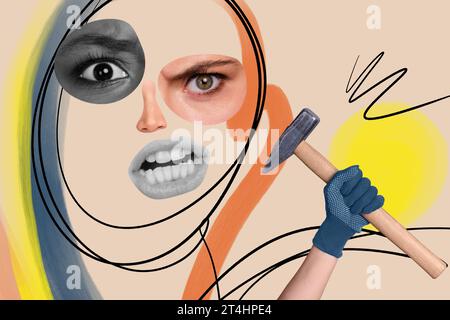 Creative template graphics collage image of scary angry different face body parts rising hammer isolated colorful background Stock Photo