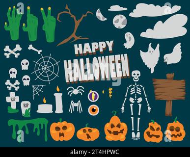 set halloween flat design, elements skull, skeleton, clouds, zombie hands, halloween elements Stock Vector