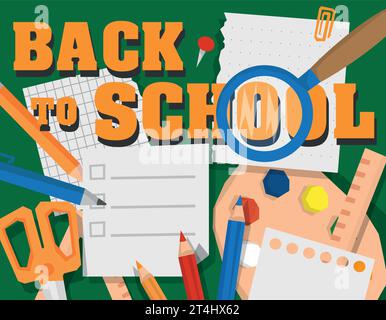 back to school banner on green background, concept tschebі, orange font, back to school, for social media, vector illustration for school, doodle Stock Vector