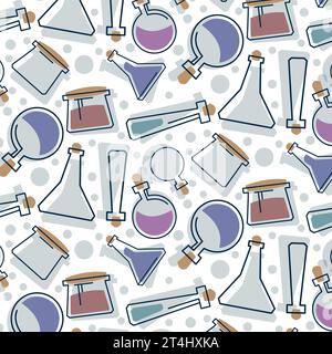 transparent flat test tubes, flasks, containers, pattern on a white background, vector graphics, chemistry Stock Vector