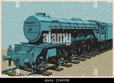 Stylized vector illustration of a steam locomotive in retro poster style Stock Vector