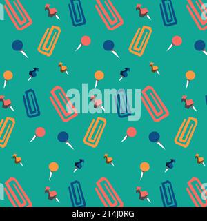 Pattern for school, paper, paper clip, vector graphics, flat illustration, seamless pattern, color illustration. patern for paper, notebook, folder, b Stock Vector
