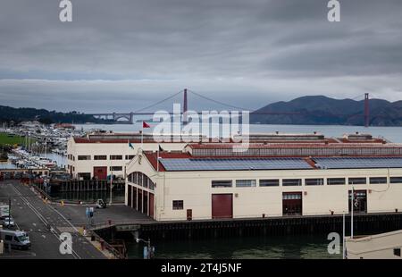 Fort Mason with the Golden Gate Bridge in the background Stock Photo